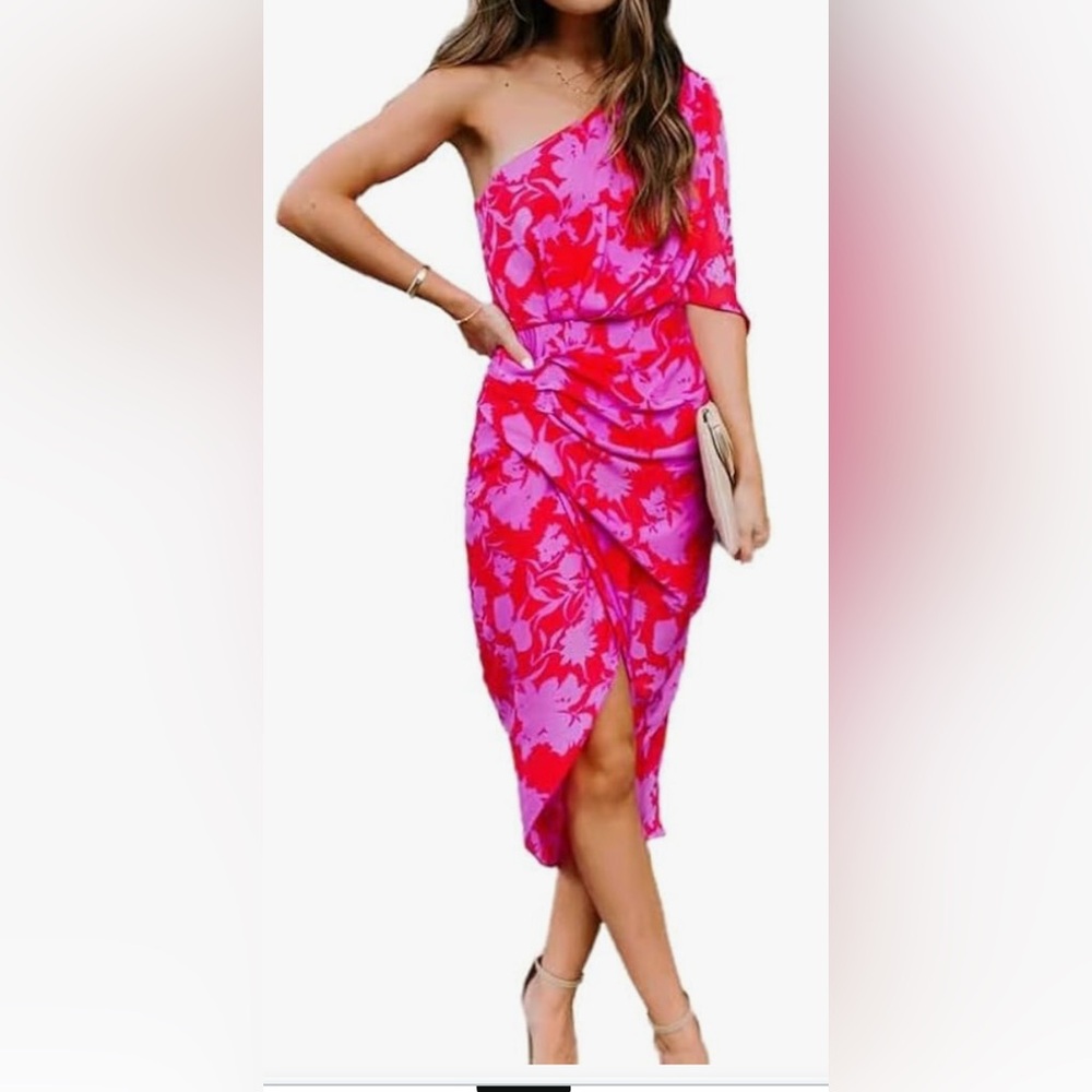 Pink & Red Floral One-Shoulder Midi Dress, size Medium